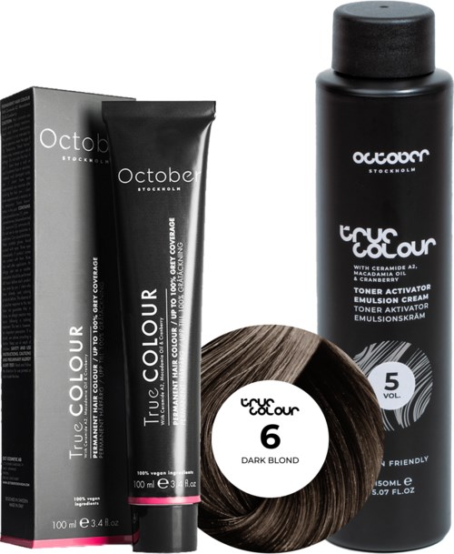 A black hair color kit with a shampoo bottle, cream, and a hair color sample labeled 'Dark Blond 6' and 'Vol 5'.