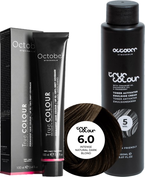 The image shows a black bottle of hair toner, a tube of hair color, and a hair color bowl with dark blonde dye.