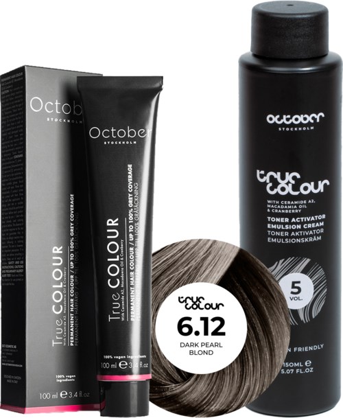 This is a set of hair color products, including a shampoo, a tube of hair dye, and a hair color. The main color is dark pearl blond.