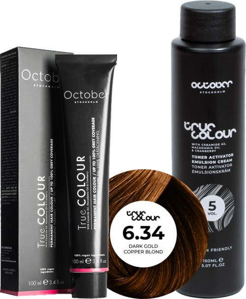 A hair dye kit includes a black box, a tube labeled 'True Colour,' and a bottle labeled 'True Colour' with volume info.