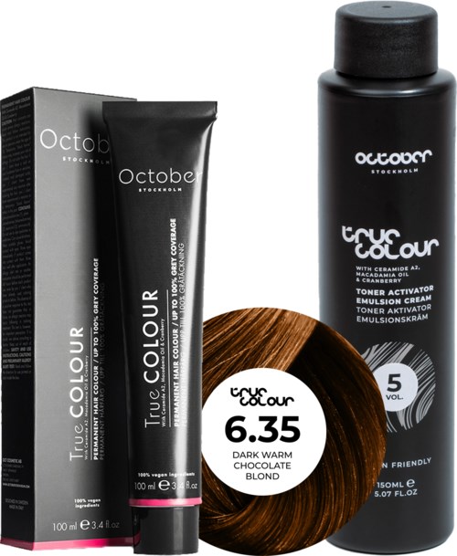 A black bottle and box of hair coloring product with a small tub of hair dye. The product is from Octax.