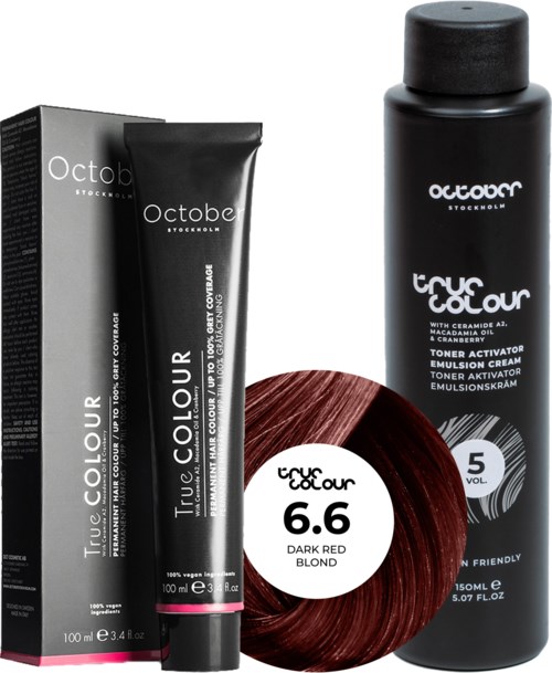 This is hair dye packaging with a tube, bottle, and a hair sample showing dark red-blonde color.