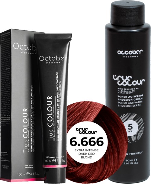 A black bottle of True Colour toner, a box and tube of hair dye, and red hair color in a skein.