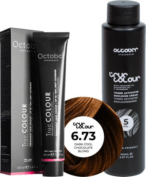 Black hair dye box and tube, brown curl toy, and black hair toner bottle. All products are from October Stockholm.