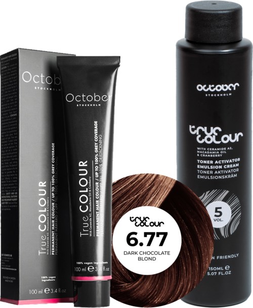 Hair dye box, tube, and bottle labeled October True Colour, with dark chocolate blonde shade. Hair patch shows color.
