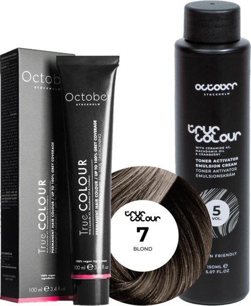 Hair color cream and toner spray in black bottles, labeled 'True Colour'.