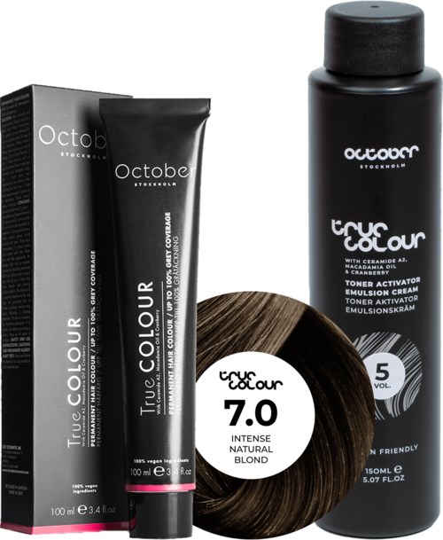 Black shampoo bottle, box, and tube with white text, a brown hair swatch labeled 7.0, and a circular label with "true colour."