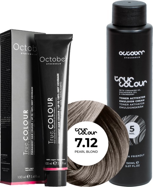Beauty hair dye box, tube, and a hair color swatch for Pearl Blond 7.12 with 5 volume developer.