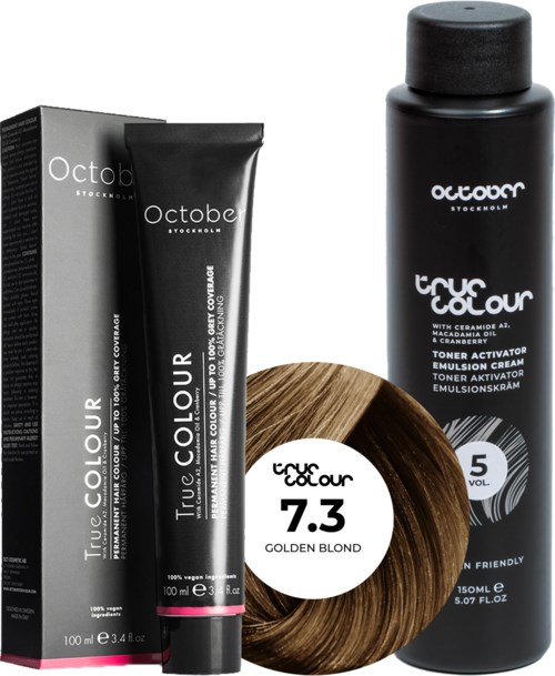 Hair dye product in black box and tube, with color sample labeled 7.3 Golden Blond, and a black bottle of toner.