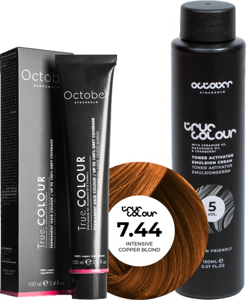 A hair dye set with a black bottle, tube, box, and a copper-colored hair sample. The products are from October, labeled True Colour.