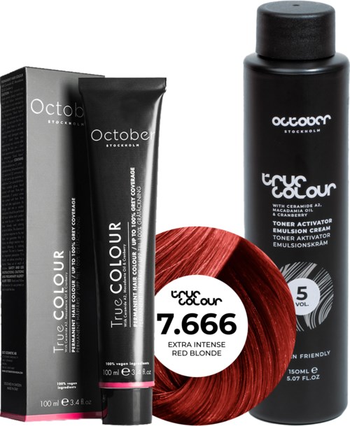 A black bottle and tube of hair color from October, with a red hair color product and white label showing "7.666."