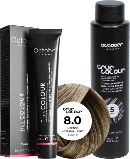 A black tube of hair dye, a black bottle of toner, and a hair color sample with light brown shade.