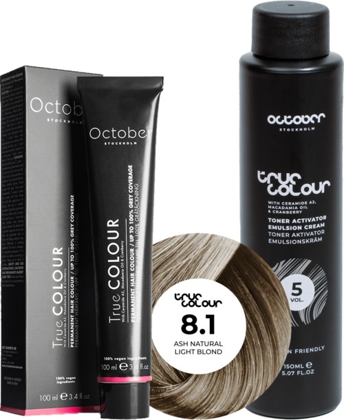 Hair dye packaging showing a tube, a box, and a bottle, all labeled 'Octobe True Colour,' with shades 8.1 and 5.