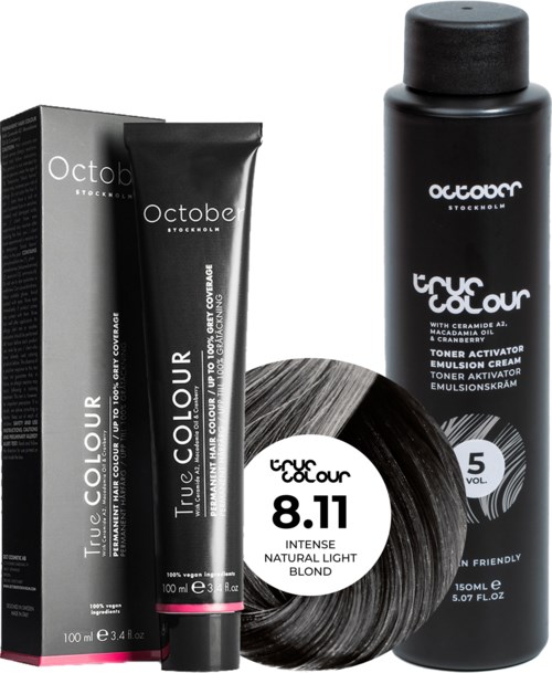 A hair dye set with a black box, a tube, a large bottle, and a hair curl showing shades of black and gray.