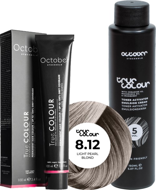 Black bottle, box, and tube of hair dye with brown hair sample. Labels show brand and color details.
