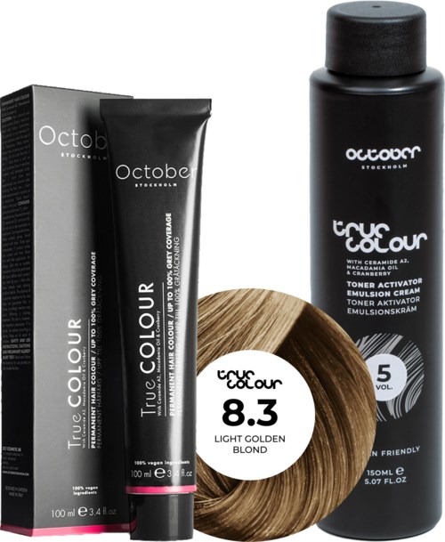 Hair dye kit includes a black box, a tube, a bottle, and a hair swatch. The brand is October.