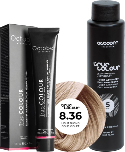 A hair dye kit with a black bottle, a box, a tube, and a hair color sample labeled 'Light Blond Gold Violet'.