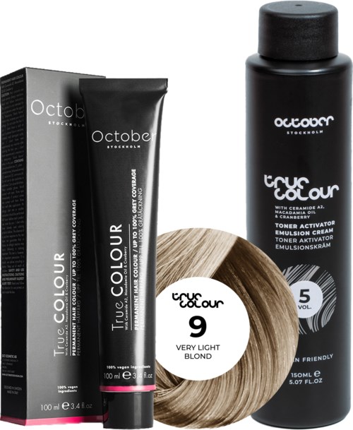 A black bottle and tube of hair color, a round hair dye, and a box of hair dye are displayed.
