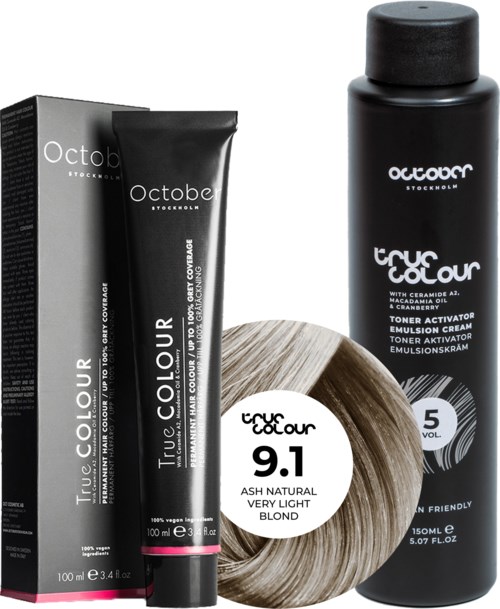 A hair dye product package, a tube, a bottle labeled 'True Colour', and a sample of blonde hair.