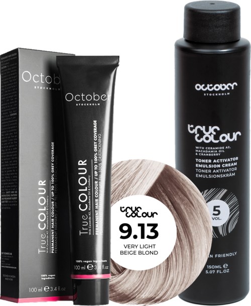 Black hair dye bottle, box, and color swatch, labeled with product details and number 9.13.
