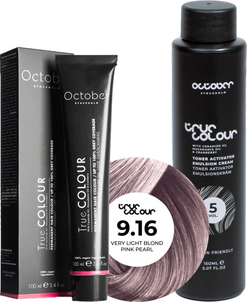 A hair coloring product with a black box, a tube, and a bottle labeled with brand and shade details.