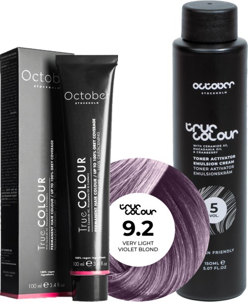 Black box, tube, and bottle of hair dye with purple hair swatch and text about color and volume.