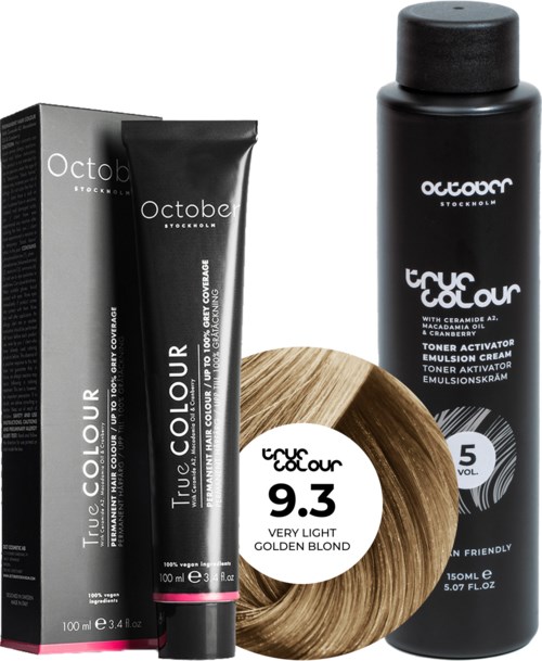 A box, tube, bottle, and hair color sample showing blonde hair color, branding, and product information.