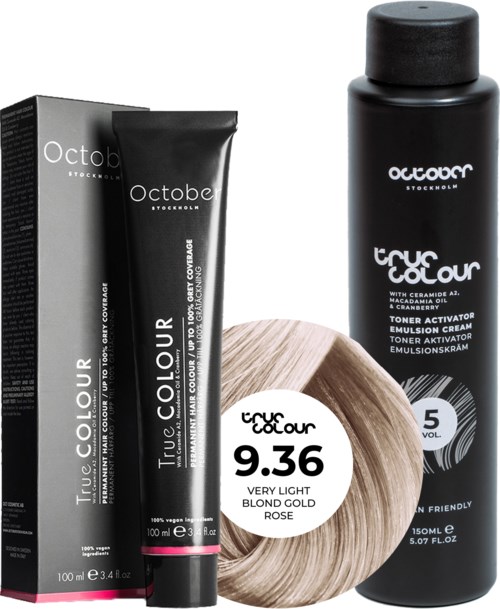 Black bottle and tube of hair dye, package, hair swatch, and label with product details.