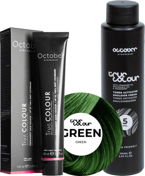 Hair coloring products with black bottles, green dye, and packaging from October Stockholm.