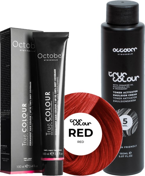 Black bottle and box, red hair dye, and small tube of hair color cream. Text mentions true colour, red, and volume.