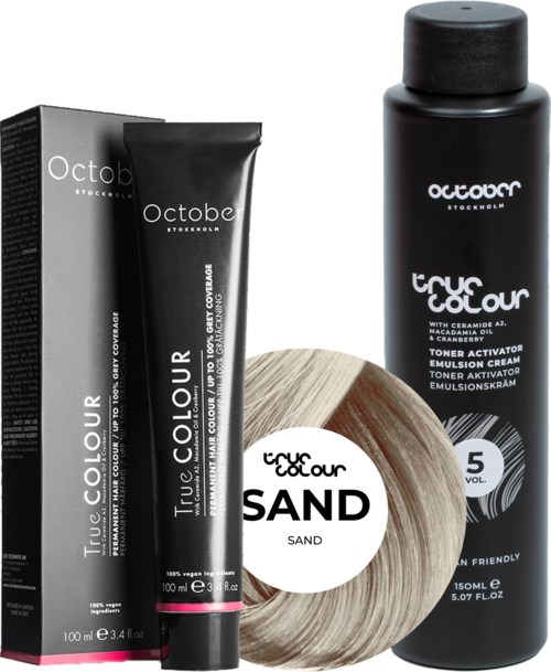 Two hair color products, one in a tube and one in a bottle, a hair color sample labeled "Sand."
