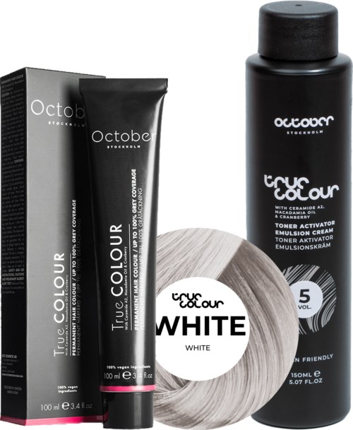 Black bottle and box for hair toner, grey hair dye, with white label and circular hair color sample.