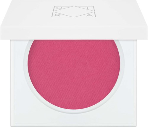 Een roze blush make-up in een witte ronde container met een vierkant deksel met letters en symbolen.