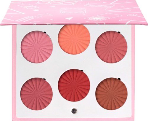 Een make-up palette met zes tinten roze en bruin, gerangschikt in een vierkant met een roze deksel.