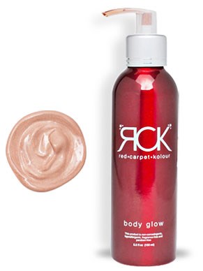 Röd kroppssprayflaska med pump och en liten klick kräm i närheten.