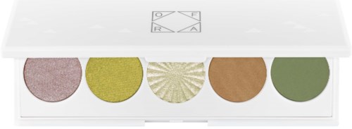 Een make-uppalet met vijf ronde oogschaduws in verschillende kleuren, in een witte doos met logo aan de bovenkant.