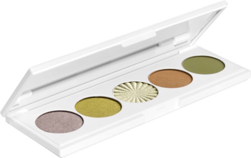 Een witte make-uppaletten met vijf ronde oogschaduwkleur, inclusief paars, groen en bruin.
