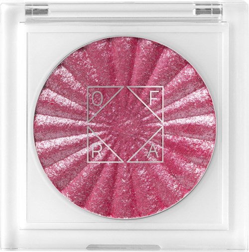 Een cd met roze glitteroppervlak en witte geometrische symbolen in het midden.