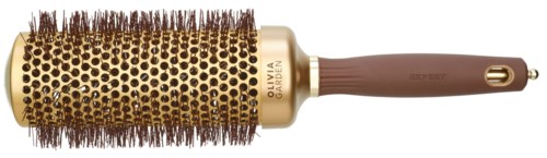 En rund hårbørste med gullfarget og brun kropp, børster og et håndtak for styling av håret.
