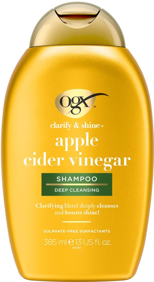 Gele fles met OGX shampoo voor diepe reiniging met appelciderazijn, verhelderende mix, sulfaatvrij, 385 ml.