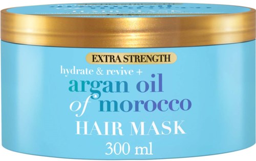Blue jar with gold lid, contains argan oil hair mask for extra strength, 300 ml, helps hydrate and revive hair.