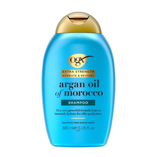 Sininen shampoopullo kultaisella korkilla, merkinnältään marokkolainen arganöljy, lisäteho kosteutukseen, 385 ml.
