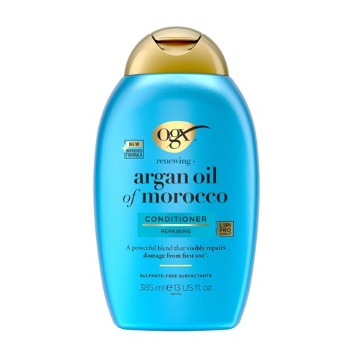 Blauwe conditionerfles met gouden dop, label zegt arganolie uit Marokko, herstellend, 385 ml.