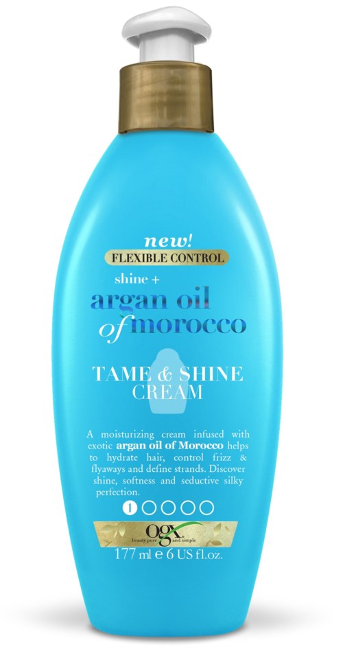 Blauwe fles met witte pomp, gelabeld als arganolie uit Marokko, voor glans en controle van haar.