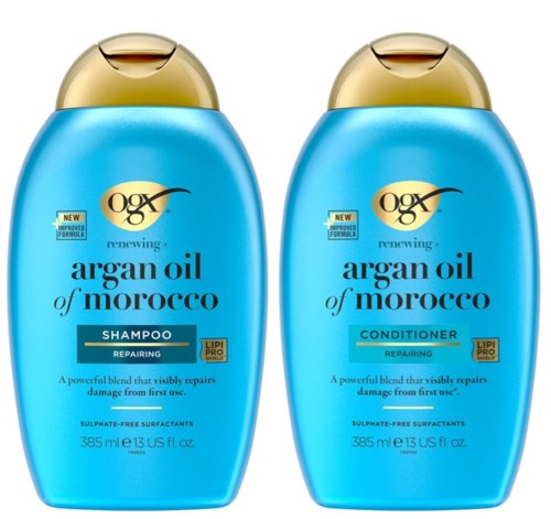 Twee blauwe flessen arganolie uit Marokko shampoo en conditioner met gouden deksels.
