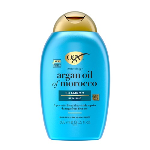 Blauwe shampoo fles met goudkleurige dop, met arganolie uit Marokko, 385 ml.