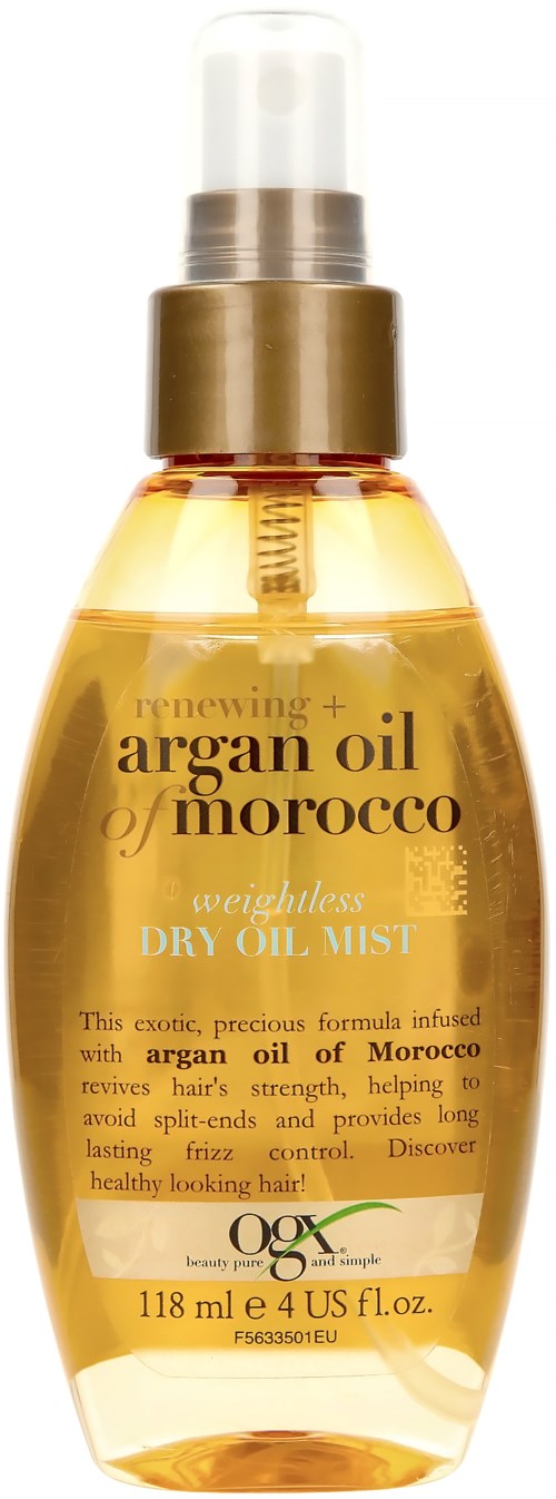 A golden bottle of argan oil dry oil mist with a spray pump, labeled as weightless and for hair care.