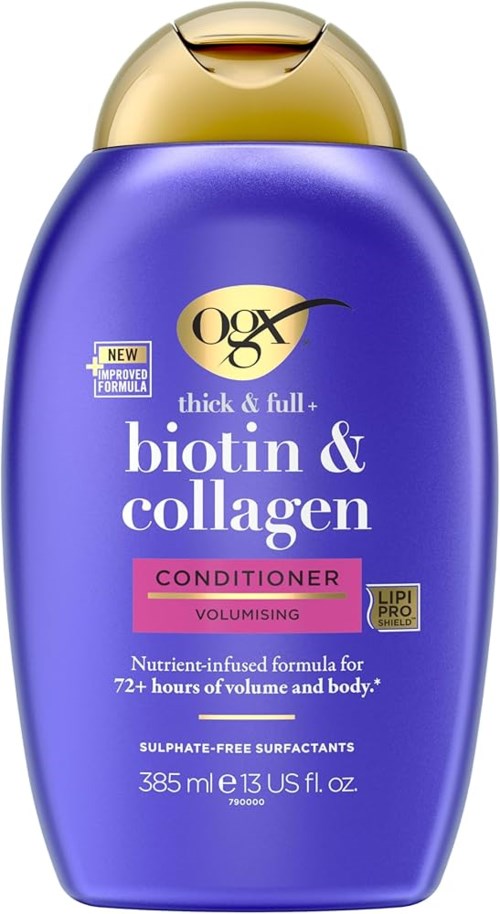 Blauwe conditionerfles met gouden dop, gelabeld voor dik en vol biotine en collageen, 385 ml.