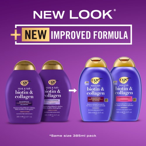Nieuwe shampooflessen voor biotine en collageen, tonen een overgang van oude naar nieuwe verpakking met verbeterde formule.