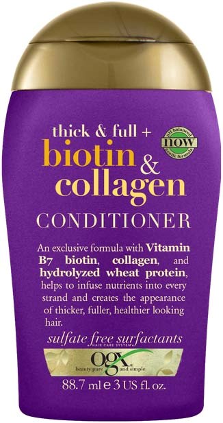 Violetti hoitoainepullo kullalla, merkinnällä paksu ja täyteläinen biotiini & kollageeni,
